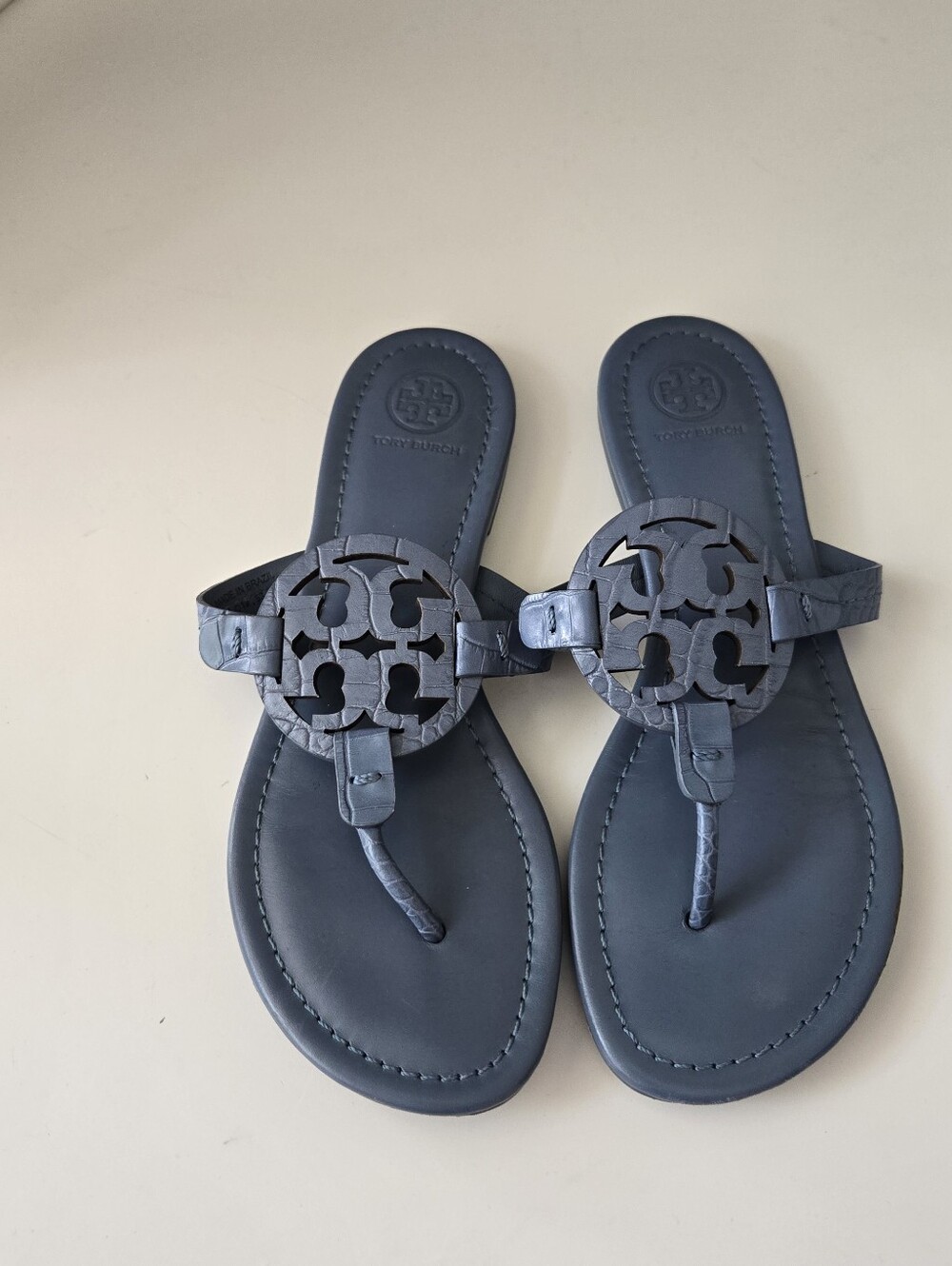 Tory Burch Croc Embossed Blue Miller Sandals